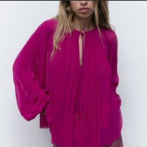 ZARA pleated pink sheer dressy long sleeved top